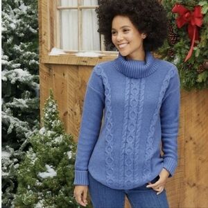 LL Bean Double L Cable Knit Sweater Womens S Blue Turtleneck Fisherman NWT